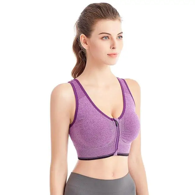 Women’s Front Zip Sports Bra – High Support Seamless Workout Bra for Yoga, Running & Fitness