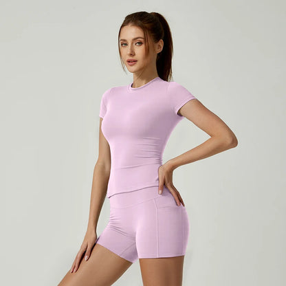 Women’s Short Sleeve Workout Set – T-Shirt & High Waist Biker Shorts