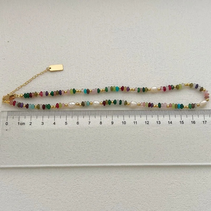 Boho Colorful Beaded Necklace – Handmade Pearl & Gemstone Choker Jewelry for Women, Trendy Vintage Layering Necklace Gift