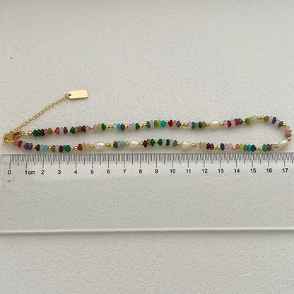 Boho Colorful Beaded Necklace – Handmade Pearl & Gemstone Choker Jewelry for Women, Trendy Vintage Layering Necklace Gift