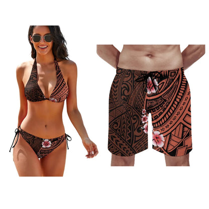 Matching Couple Hawaiian Swimwear Set – Tropical Bikini & Men’s Beach Shorts
