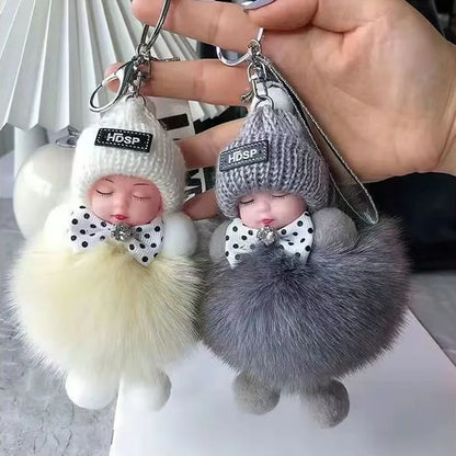 Cute Sleeping Baby Keychain – Fluffy Pom Pom Doll Bag Charm