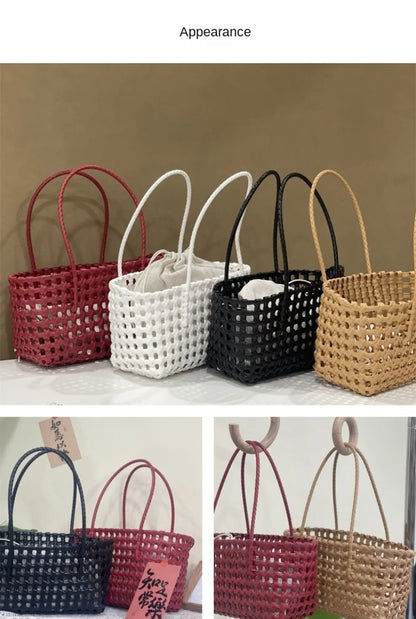 Woven Plastic Tote Bag – Retro Grid Shoulder Handbag for Women Summer Beach Style