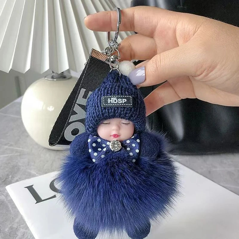 Cute Sleeping Baby Keychain – Fluffy Pom Pom Doll Bag Charm