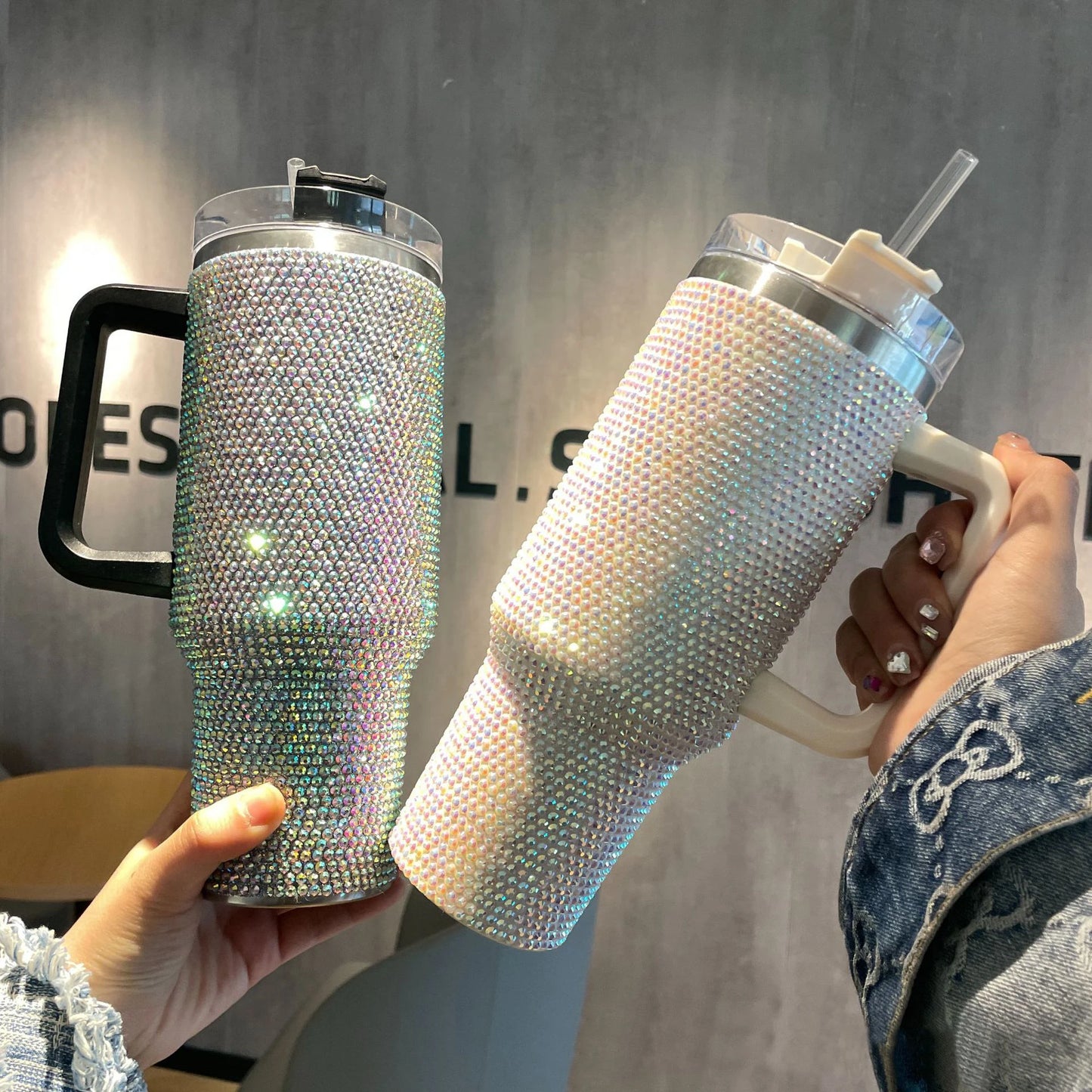 40oz Rhinestone Tumbler with Handle Insulated Thermos Cup Sparkling Travel Mug