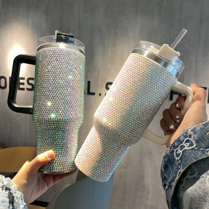 40oz Rhinestone Tumbler with Handle Insulated Thermos Cup Sparkling Travel Mug