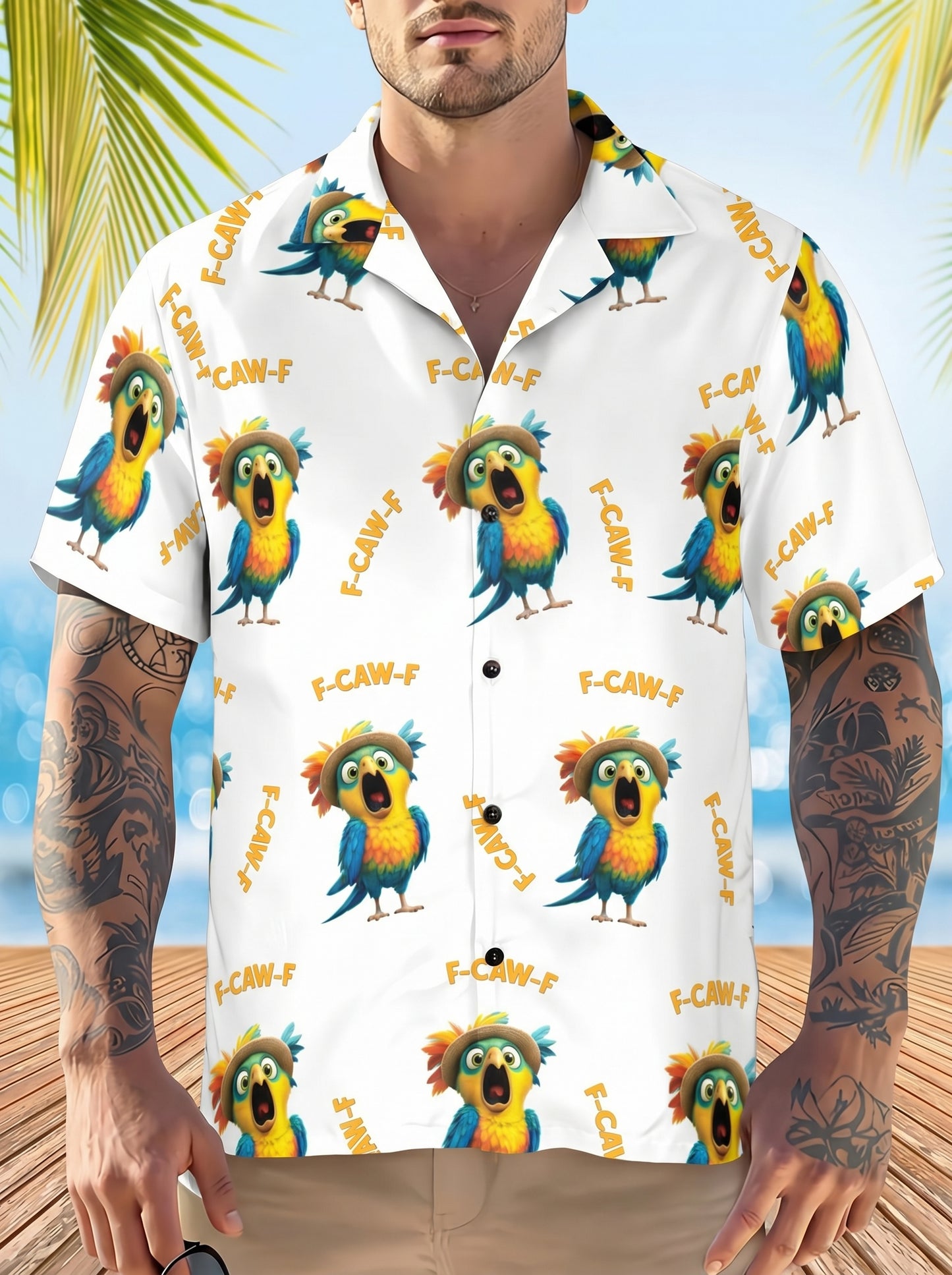 Men's Tropical Parrot Hawaiian Shirt, Funny F-CAW-F Print Button Up Shirt, Summer Beach Vacation Aloha Shirt, Short Sleeve Casual Resort Shirt, Novelty Bird Graphic Camp Collar Top, Lightweight Holiday Party Shirt, Unisex Tropical Button Down Shirt