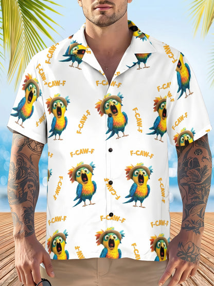 Men's Tropical Parrot Hawaiian Shirt, Funny F-CAW-F Print Button Up Shirt, Summer Beach Vacation Aloha Shirt, Short Sleeve Casual Resort Shirt, Novelty Bird Graphic Camp Collar Top, Lightweight Holiday Party Shirt, Unisex Tropical Button Down Shirt
