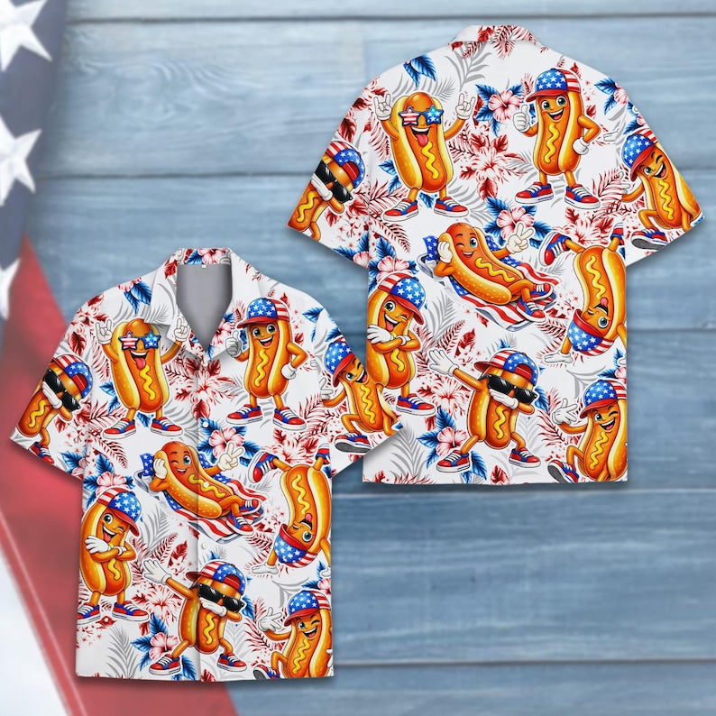 4th of July Hotdog Shirt, Funny BBQ Hawaiian Shirt for Adult Youth