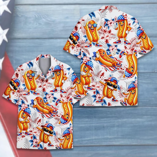 4th of July Hotdog Shirt, Funny BBQ Hawaiian Shirt for Adult Youth
