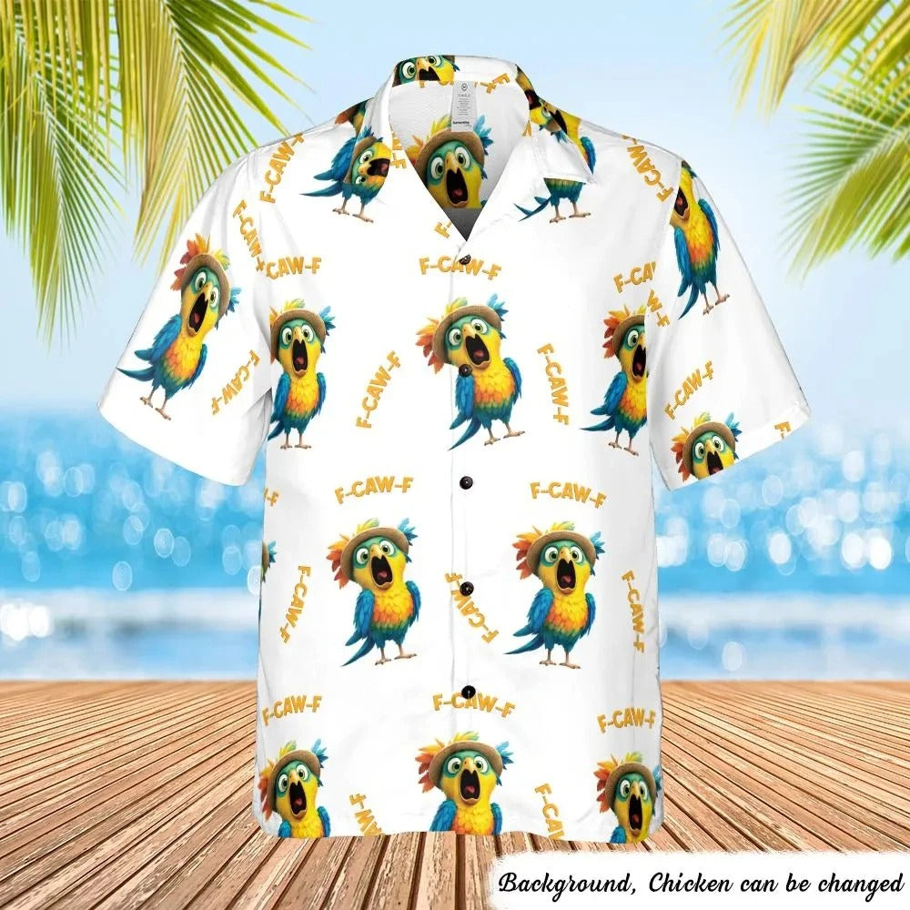 Men's Tropical Parrot Hawaiian Shirt, Funny F-CAW-F Print Button Up Shirt, Summer Beach Vacation Aloha Shirt, Short Sleeve Casual Resort Shirt, Novelty Bird Graphic Camp Collar Top, Lightweight Holiday Party Shirt, Unisex Tropical Button Down Shirt
