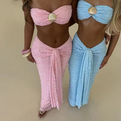 Sexy 2 Piece Set Club Party Beach Clothes Women Summer Shells Strapless Bandeau Crop Top + Tie Front Maxi Skirt Coquette Outfits Trendy 2026