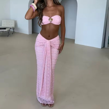 Sexy 2 Piece Set Club Party Beach Clothes Women Summer Shells Strapless Bandeau Crop Top + Tie Front Maxi Skirt Coquette Outfits Trendy 2026