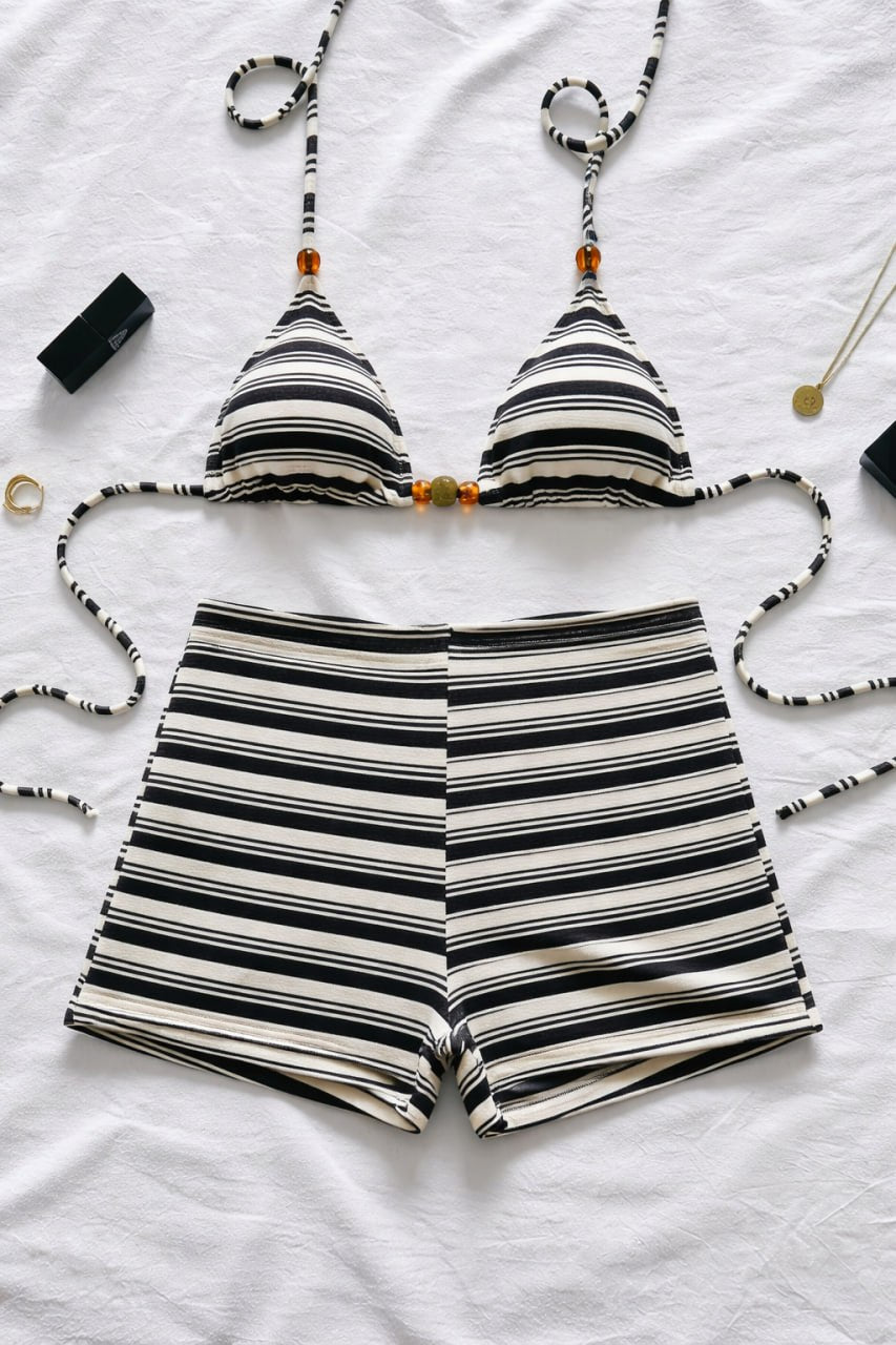 2026 Striped Halter Shorts Female Swimsuit High Waist Bikini Women Swimwear Two-pieces Bikini set Bather Bathing Suit Swim