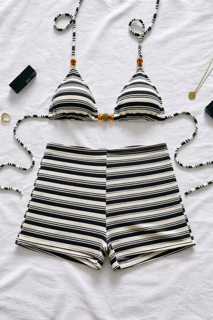 2026 Striped Halter Shorts Female Swimsuit High Waist Bikini Women Swimwear Two-pieces Bikini set Bather Bathing Suit Swim