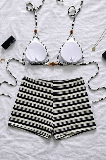 2026 Striped Halter Shorts Female Swimsuit High Waist Bikini Women Swimwear Two-pieces Bikini set Bather Bathing Suit Swim