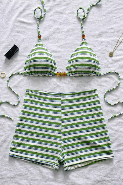 2026 Striped Halter Shorts Female Swimsuit High Waist Bikini Women Swimwear Two-pieces Bikini set Bather Bathing Suit Swim