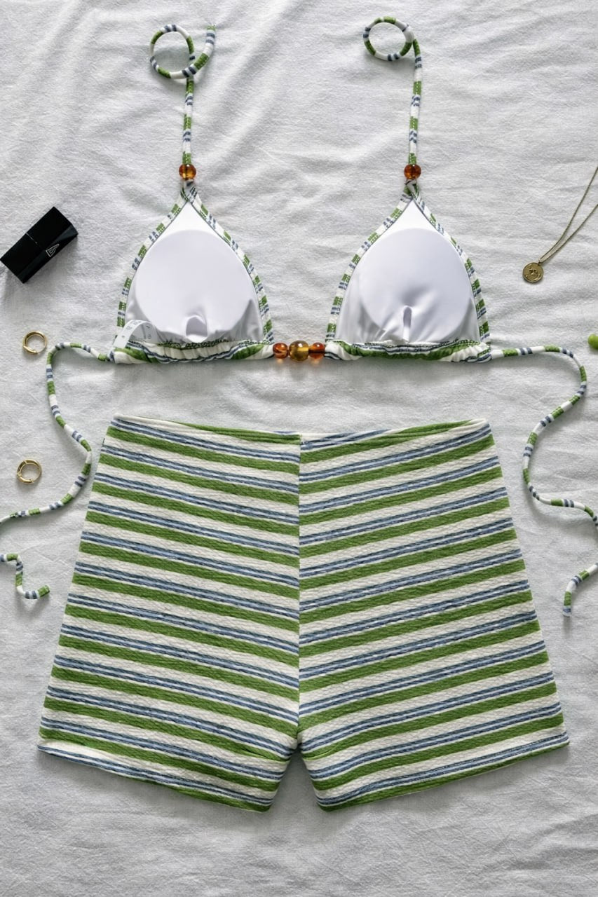 2026 Striped Halter Shorts Female Swimsuit High Waist Bikini Women Swimwear Two-pieces Bikini set Bather Bathing Suit Swim