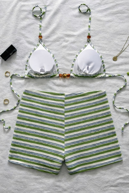 2026 Striped Halter Shorts Female Swimsuit High Waist Bikini Women Swimwear Two-pieces Bikini set Bather Bathing Suit Swim