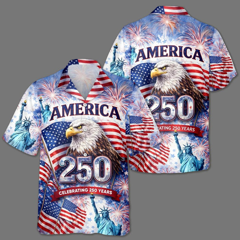 USA 250 Years Celebration Hawaiian Shirt, Bald Eagle Patriotic Aloha Shirt, Independence Day 1776–2026, July 4th Gift