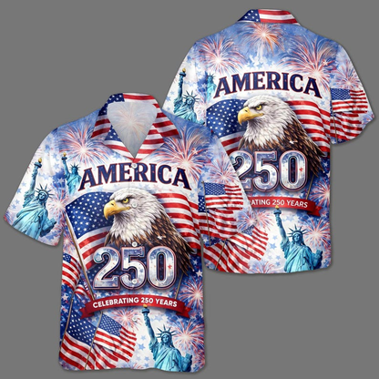 USA 250 Years Celebration Hawaiian Shirt, Bald Eagle Patriotic Aloha Shirt, Independence Day 1776–2026, July 4th Gift