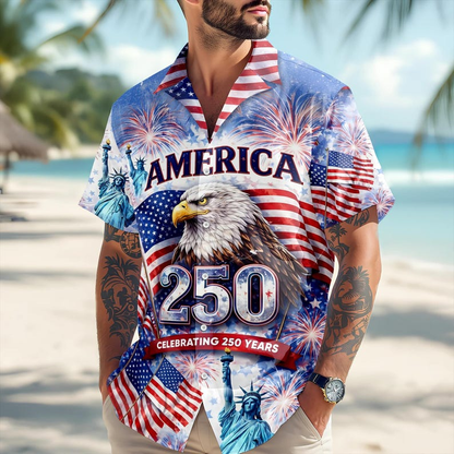 USA 250 Years Celebration Hawaiian Shirt, Bald Eagle Patriotic Aloha Shirt, Independence Day 1776–2026, July 4th Gift