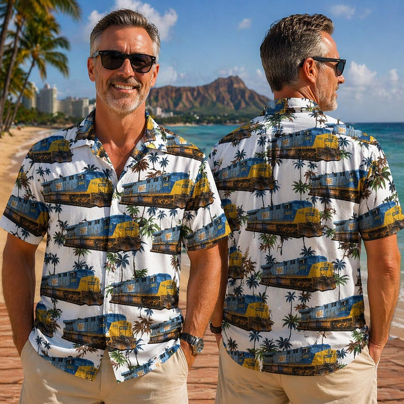 Diesel Electric Locomotive Hawaiian Shirt, Train Lover Aloha Shirt, Railfan Gift for Men Women, Tropical Engine Shirt