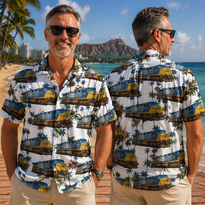 Diesel Electric Locomotive Hawaiian Shirt, Train Lover Aloha Shirt, Railfan Gift for Men Women, Tropical Engine Shirt