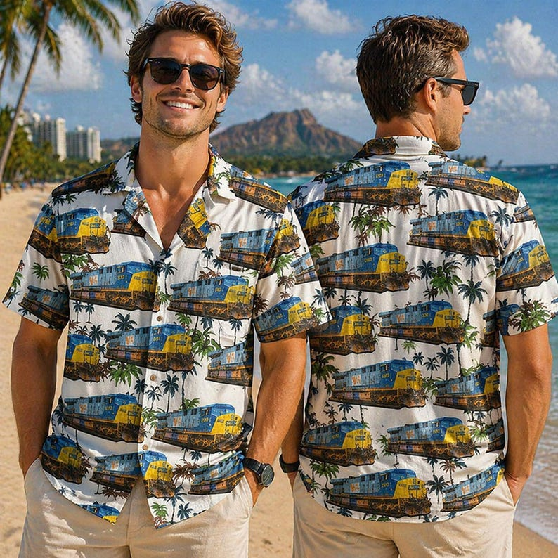 Diesel Electric Locomotive Hawaiian Shirt, Train Lover Aloha Shirt, Railfan Gift for Men Women, Tropical Engine Shirt
