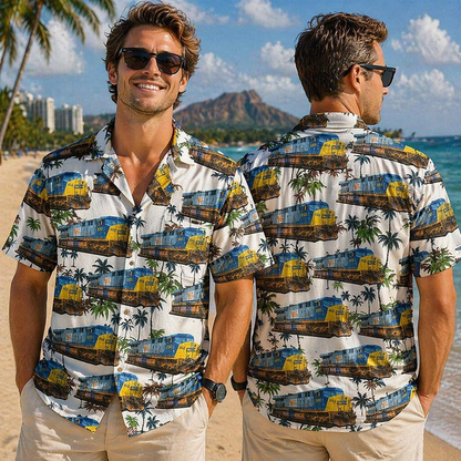 Diesel Electric Locomotive Hawaiian Shirt, Train Lover Aloha Shirt, Railfan Gift for Men Women, Tropical Engine Shirt