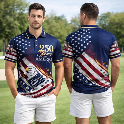 USA 250 Years Polo Shirt, Patriotic Eagle American Flag Shirt, Vintage Independence Day Polo, 1776-2026 Anniversary, 4th of July Outfit