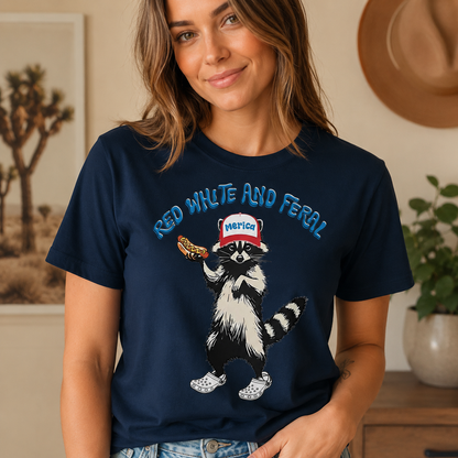 Funny Patriotic Raccoon T-Shirt – Red White and Feral USA Graphic Tee for 4th of July