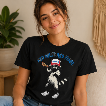 Funny Patriotic Raccoon T-Shirt – Red White and Feral USA Graphic Tee for 4th of July