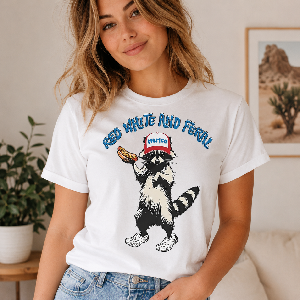 Funny Patriotic Raccoon T-Shirt – Red White and Feral USA Graphic Tee for 4th of July