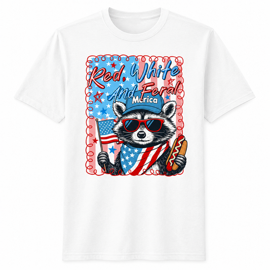 Funny Patriotic Raccoon T-Shirt – Red White And Feral USA Graphic Tee for 4th of July