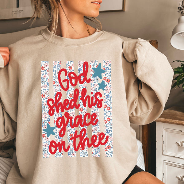 God Shed His Grace On Thee Sweatshirt – Patriotic Christian USA Graphic Oversized Crewneck