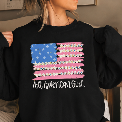 American Girl Sweatshirt – Patriotic Floral USA Flag Oversized Crewneck for Women