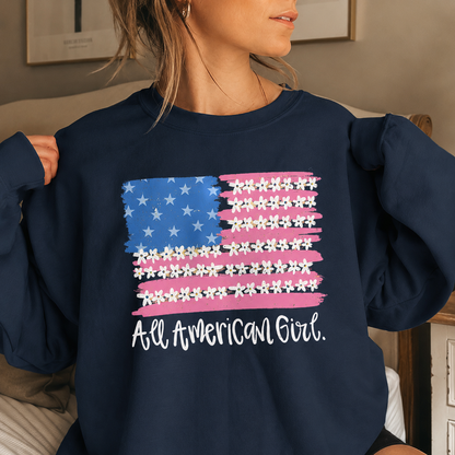 American Girl Sweatshirt – Patriotic Floral USA Flag Oversized Crewneck for Women