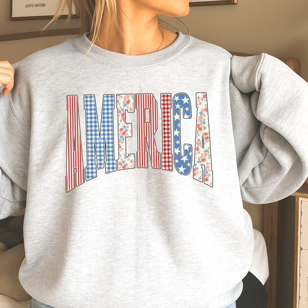 America Patriotic Sweatshirt – Vintage Patchwork USA Oversized Crewneck for Women