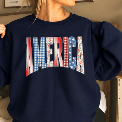 America Patriotic Sweatshirt – Vintage Patchwork USA Oversized Crewneck for Women