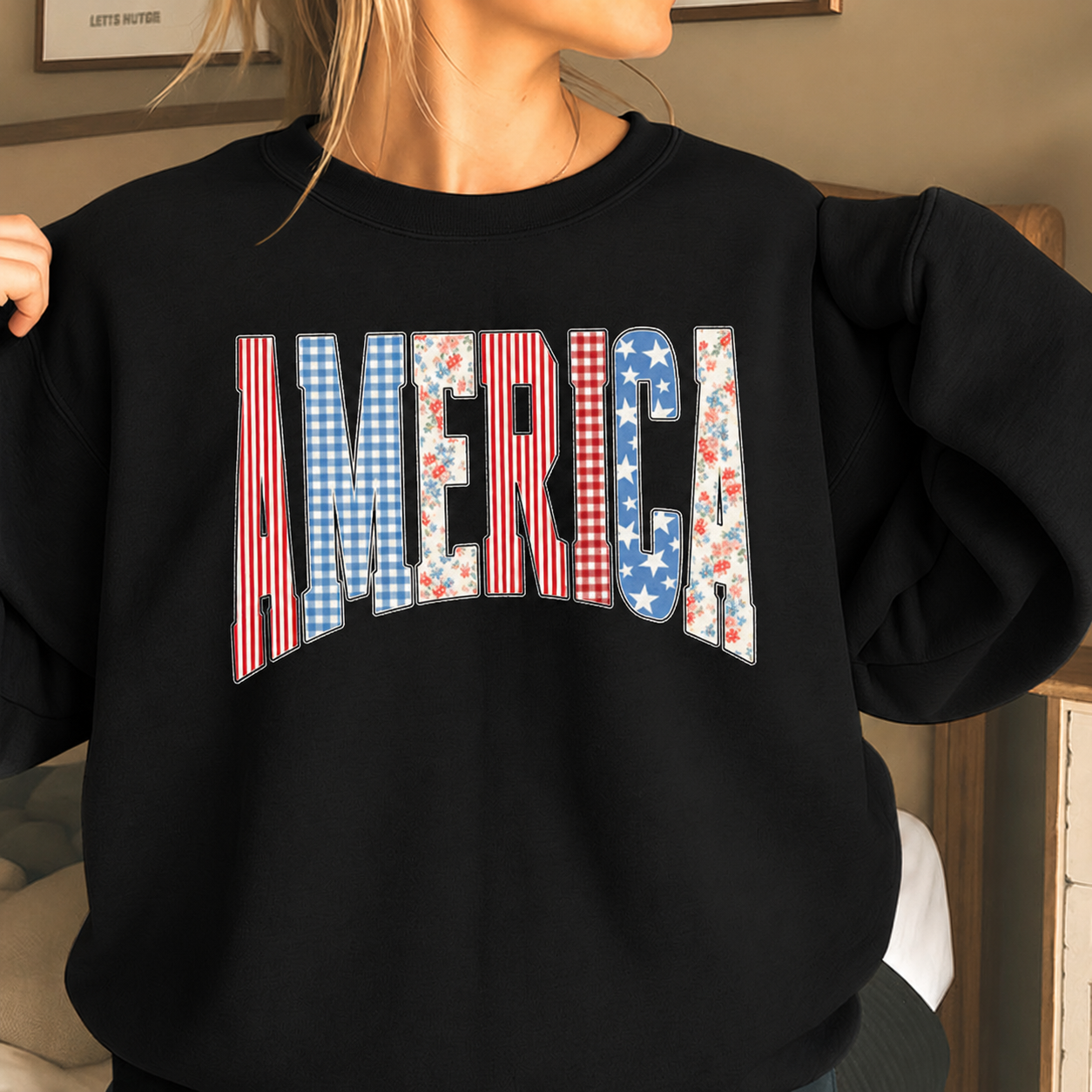 America Patriotic Sweatshirt – Vintage Patchwork USA Oversized Crewneck for Women