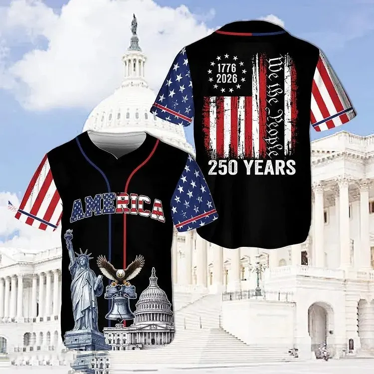 America 250 Years Baseball Jersey – Patriotic USA Button Up Shirt Independence Anniversary 1776-2026