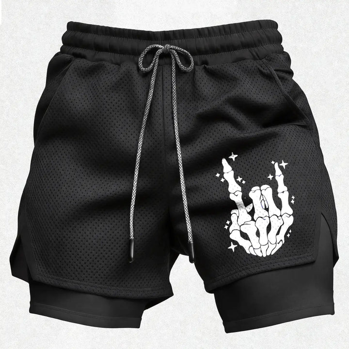 Men’s Skeleton Hand Gym Shorts – Breathable Mesh Athletic Running Shorts with Compression Layer Sportswear