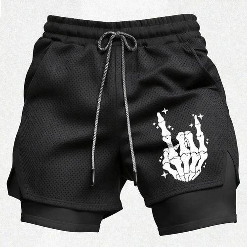 Men’s Skeleton Hand Gym Shorts – Breathable Mesh Athletic Running Shorts with Compression Layer Sportswear