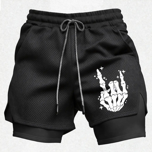 Men’s Skeleton Hand Gym Shorts – Breathable Mesh Athletic Running Shorts with Compression Layer Sportswear