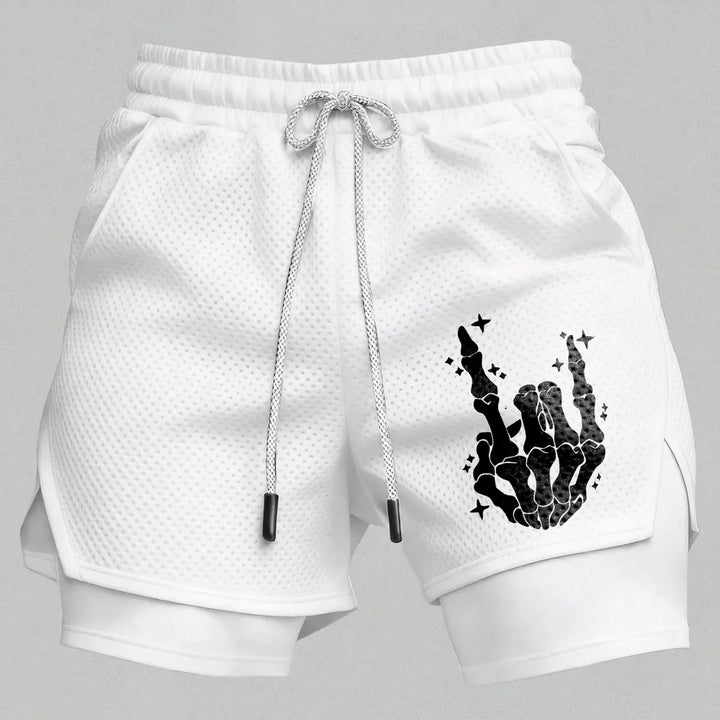 Men’s Skeleton Hand Gym Shorts – Breathable Mesh Athletic Running Shorts with Compression Layer Sportswear