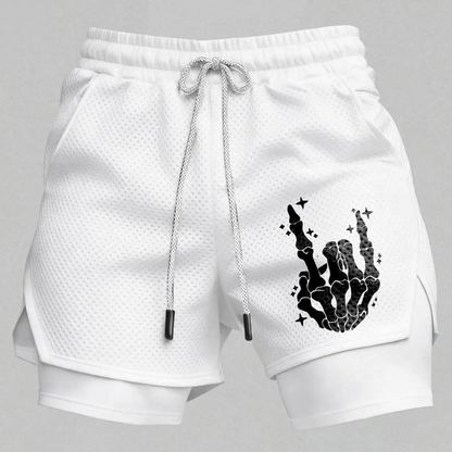 Men’s Skeleton Hand Gym Shorts – Breathable Mesh Athletic Running Shorts with Compression Layer Sportswear
