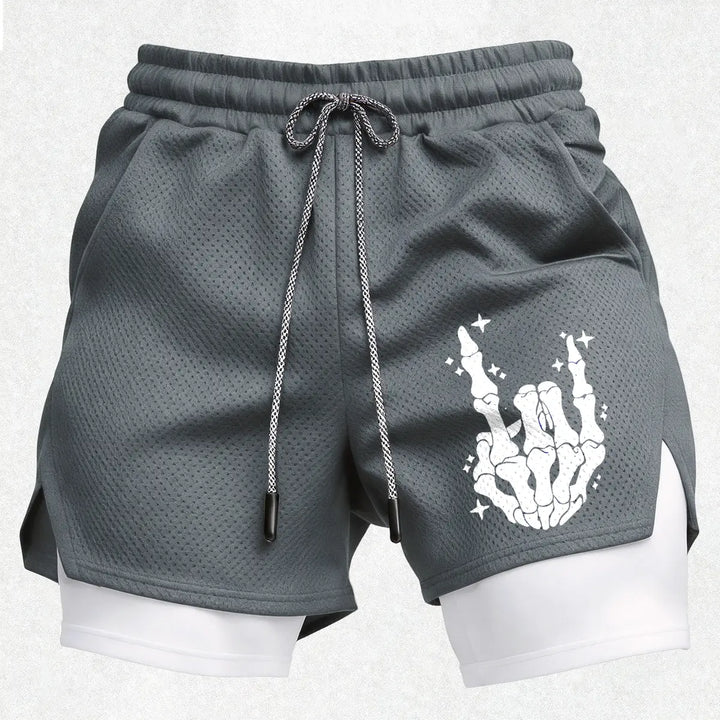 Men’s Skeleton Hand Gym Shorts – Breathable Mesh Athletic Running Shorts with Compression Layer Sportswear