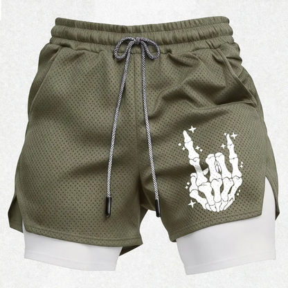 Men’s Skeleton Hand Gym Shorts – Breathable Mesh Athletic Running Shorts with Compression Layer Sportswear
