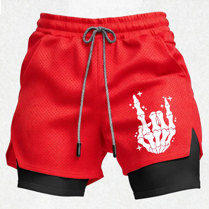 Men’s Skeleton Hand Gym Shorts – Breathable Mesh Athletic Running Shorts with Compression Layer Sportswear